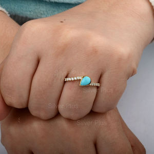 แหวนหมั้นสีเขียวขุ่นแข็ง14K สีเหลืองทองแท้เทอร์ควอยซ์และแหวนเพชรแฮนด์เมดของขวัญเครื่องประดับขายส่ง - Product Image 4