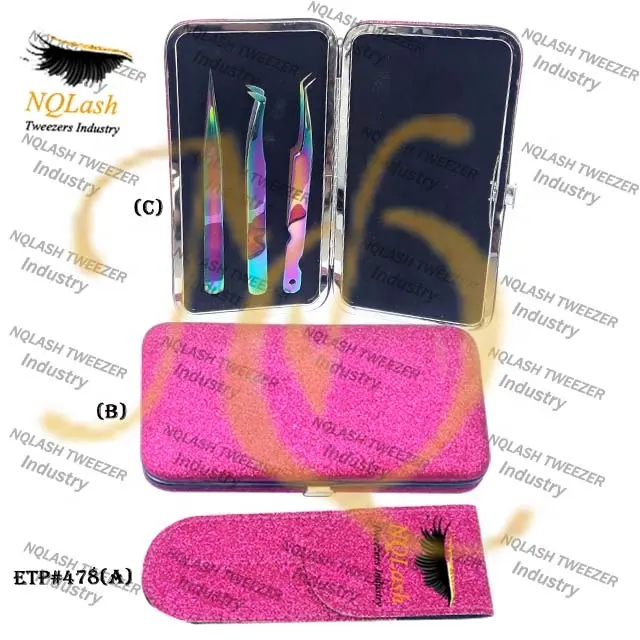 Hot Shinny Glitter Pink Color Magnetic Case & Pouch for Eyelash Extension Tweezers Perfect Rainbow Color Eyelash Tweezers