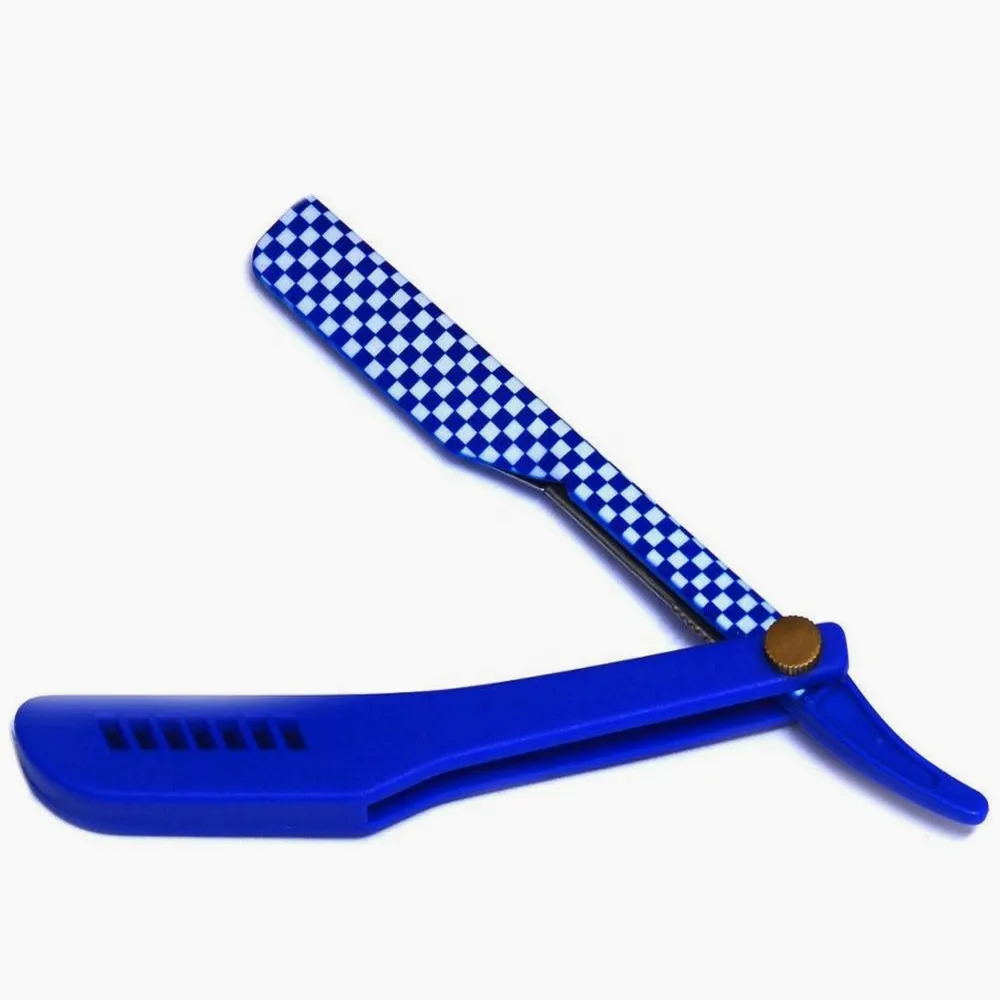 Blauwe Kleur Kapper Scheermessen Plastic Handvat Rvs Blade Houder Scheren Scheermessen Met Fancy Afdrukken