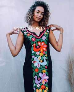 Summer Floral Embroidered Peacock <b>Kaftan</b> Vintage Mexican Cotton Organza Floor-Length <b>Maxi</b> Lace Beach Sleeveless V-neck Boho - Product Image 5