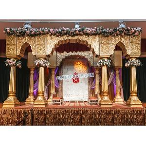 Conjunto de mandril de boda dorado Jodha Akbar, pilares de fibra india de Fiyi, configuración de Mandap de boda de Gran Oro Haveli para boda - Product Image 1