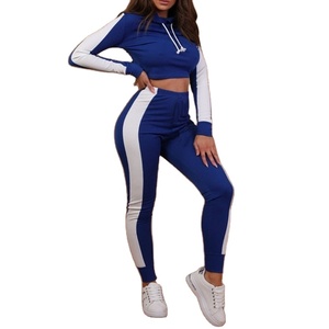 Mujer Dos Tonos Azul y Blanco Crop Hoodie Chándal Cintura Alta Slim Fit Jogger Set - Product Image 1