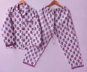 Conjunto de pijama de algodón con estampado Floral 2021 para el hogar, conjunto de ropa de dormir de tejido con estampado de bloque de mano, 100% - Product Image 1
