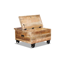 Table basse en bois de manguier massif de fabrication indienne moderne Blue Ocean CT-52021 pour salon, 3 tiroirs petits, 2 tiroirs grands, roulettes métalliques, légère