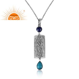 Collier pendentif en argent oxydé motif bois d'arbre, fournisseur de bijoux en pierres précieuses Lapis Lazuli et Turquoise - Product Image 2