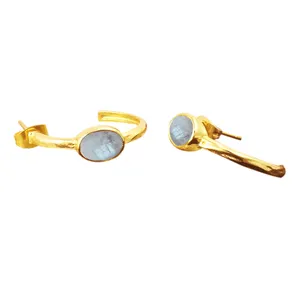 Sterling Silver Gold Vermeil Moonstone Hình Bầu Dục Đá Quý Thiết Kế Hoop Wedding Stud Earrings Trang Sức Cho Phụ Nữ