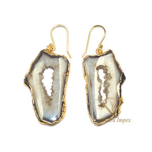 Ensemble de lunette en argent Sterling de haute qualité géode naturelle tranche d'agate pierre précieuse goutte boucles d'oreilles or cadeau de mariage à la mode - Product Image 1