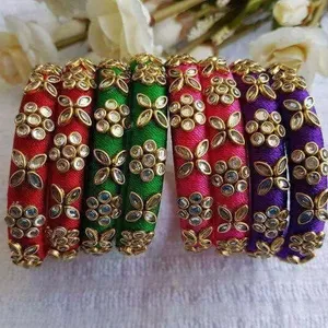 Pulseiras de fio de seda, joias de estilo indiano com miçangas de metal decoradas, pulseiras para casamento, várias cores