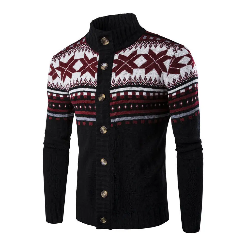 Black N White Colors Stylish Bomber Jacket Standing Collar Long sleeves Cardigan with Front Buttons Knit Men Sweater