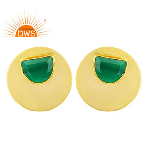 Boucles d'oreilles clous en onyx vert de forme ronde, plaquées or 14 carats, bijoux en gros, fabrication artisanale, boucles d'oreilles en argent 925, collection classique - Product Image 1