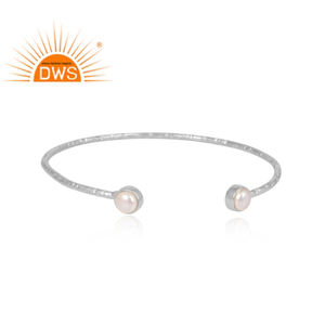 Indian Pearl <b>Gemstone</b> <b>Bracelet</b> Textured 925 Sterling Fine Silver Handmade Cuff <b>Bracelet</b> Jewelry Supplier - Product Image 1