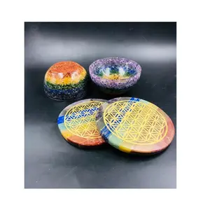 Chakra conjunto de tigela orgonita, tigela e disco gravado artesanato natural pedra preciosa pedra natural contas de pedra preciosa