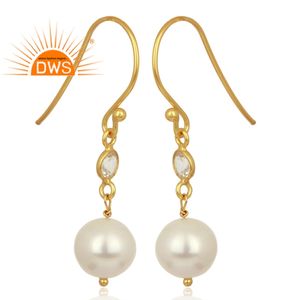 Natural Round White Pearl Earrings Manufacturer of 18k Yellow Gold Plated Silver Dangle Drop Earrings Supplier Jewelry - Product Image 2