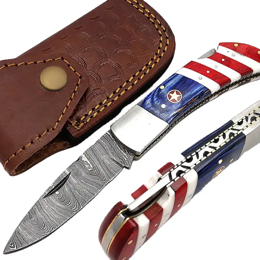 100% High quality Handmade Damascus Pocket Knife with U.S Flag Handle Folding Knife With a Leather Sheath at Factory Price