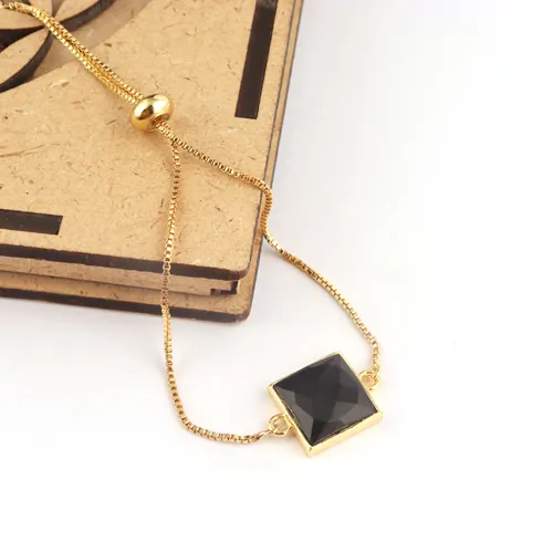 New arrival square shape faceted black onyx & cz slider chain bracelet gold plated adjustable handmade collet setting jewelry