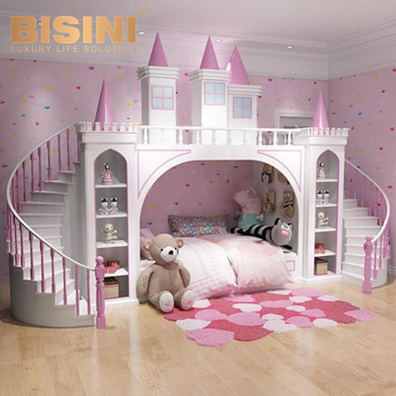 Cute Kids Solid Wood Bunk Bed Castle Design With Storage Cabinet ...