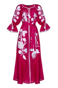 Robe maxi brodée en lin à manches courtes, caftan, tenue orientale et évasée, collection de eid, printemps, arabe - Product Image 6