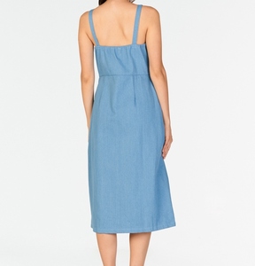 Nouvelle Robe d'été sans manches pour femme, coupe trapèze, en lin 100% uni bleu ciel, col carré, longueur genou, style formel, tendance et sexy - Product Image 2