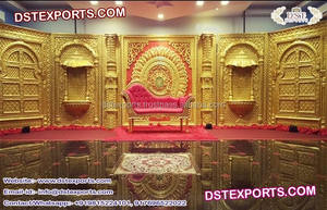 Gran tema dorado, configuración de escenario de fibra Rajwadi para boda real, boda musulmana, decoración de escenario Mahraja para celebraciones de boda - Product Image 5