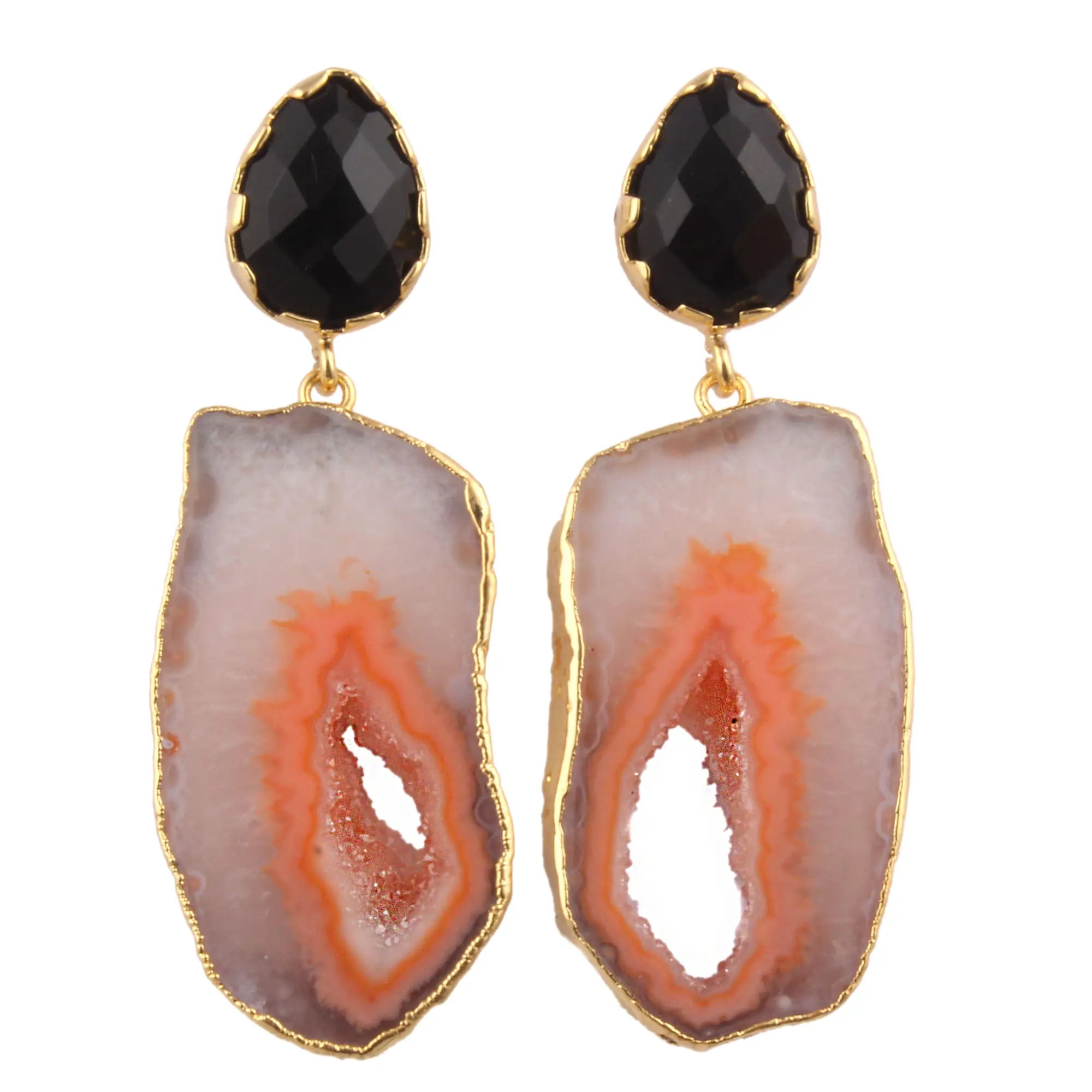 Natural orange geode agate slice and black spinel earring brass gold electroplated drop dangle handmade women statement earring