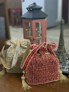MODERN POTLI BAG BEAUTIFUL PEARL WORK LATCAN & ZARI EMBROIDERY ON SILK FABRIC FOR PARTY & <b>WEDDING</b> @ 2022 - Product Image 2