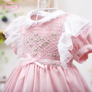 Lovely ribbon pink satin smock dress baby girls ODM OEM smocked dresses girl princess dresses - LD427
