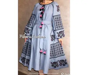 High Quality Designer Western <b>Style</b> Midi-Length Dress Glamorous <b>Boho</b> Floral Embroidery V-Neck Balloon Sleeve Streetwear Natural - Product Image 1