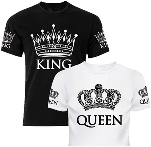 เสื้อคู่ King And Queen,เสื้อลำลองถักผ้าฝ้าย100% สำหรับคู่รักแขนสั้นผ้าย้อม