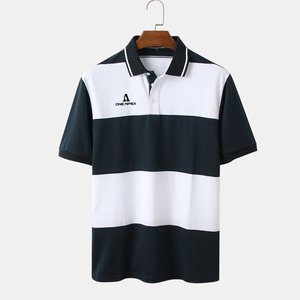 เสื้อยืดโปโลผู้ชายปรับแต่งได้คุณภาพสูงผ้าคอตตอน100% ลำลองแขนสั้นลายทางผ้าขาวดำผ้า ODM - Product Image 2
