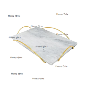 Plateau de service de nourriture en marbre de conception merveilleuse avec poignées de feuille plateau de café de thé de forme de rectangle fait à la main en Inde - Product Image 3