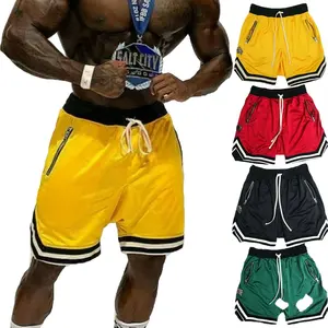 Shorts de basquete com logotipo personalizado, shorts retrô em malha de poliéster com zíper bordado mágico