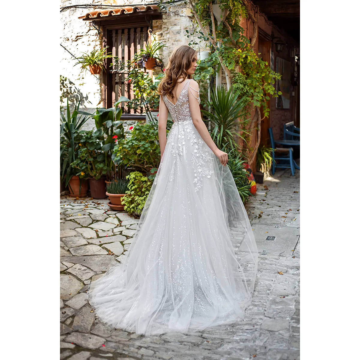 Imported Russian corsage wedding dress Estelavia "Kiara", bohemian style, laced tulle skirt, pearls falling from the shoulders