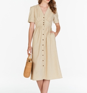 Robe d'été formelle ample en crêpe brodé à col en V, longueur genou, boutonnée sur le devant, manches courtes, 100 % lin naturel uni avec pompons - Product Image 2