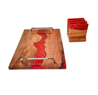 Plateau de service décoratif en bois d'acacia rouge éco-responsable avec résine époxy, motif rivière, fait main, 2022, dernière collection, et ensemble de 4 sous-verres