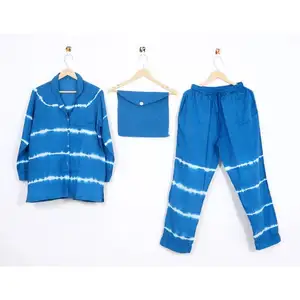 Ladies Pyjama set 100% Soft Indian cotton Nightwear, Lounge Wear, Blue White Tie Dye Pajama Suit Bridal Pajama Swimwear