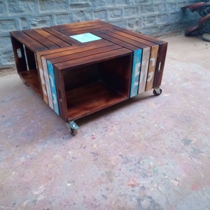 Table basse en verre transparent et bois massif avec roues Design carré à l'ancienne pour salon ou salle à manger Meubles à usage domestique - Product Image 2