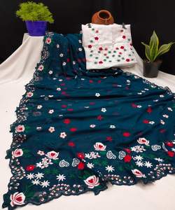 Sari en soie brodé de créateur, conçu sur mesure pour les fêtes, avec pièce de chemisier, bordure en dentelle de soie douce, tenue de mariage, dernière collection de vêtements pour femmes - Product Image 5