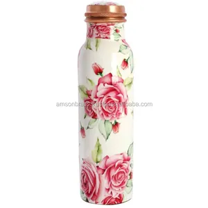 Floral Printed Decorative Drinkware Copper Bottle Pure Copper Water Bottle 1000ML for Ayurveda and Health Benefits