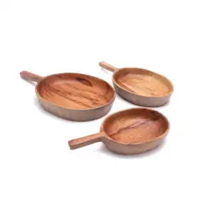 Natural Mango Wood Serving Pans With Handle Set Of 3 Pcs Versatile Usage Great For Pasta Serving Wooden Round Shape Large Pans