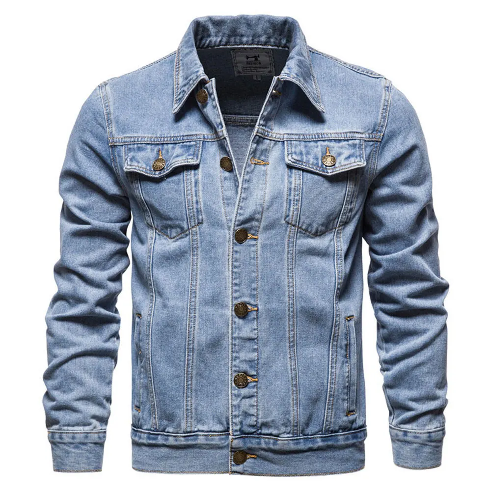 Куртка мужская джинсовая однотонная, повседневная однобортная, приталенная, из 2021 хлопка, качественная, осень