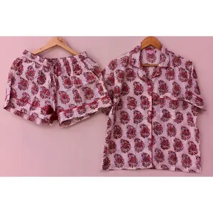 Baru 2021 Wanita Celana Pendek Piyama Set Rumah Wear 100% Cotton Tangan Block Printed Baju Tidur Floral Cetak Celana Pendek Piyama Set