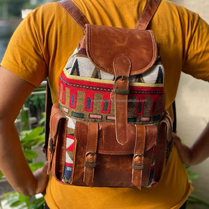 Nouveaux sacs à dos en cuir jacquard faits à la main de style bohème occidental vintage, sacs à cordon en cuir véritable Klim cousus à la main, style indien - Product Image 2