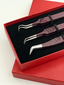 Pince à épiler professionnelle d'extension de cils en acier inoxydable Double incurvée outil de beauté de revêtement de poudre de vin de 45 degrés pour le Volume de botte - Product Image 2