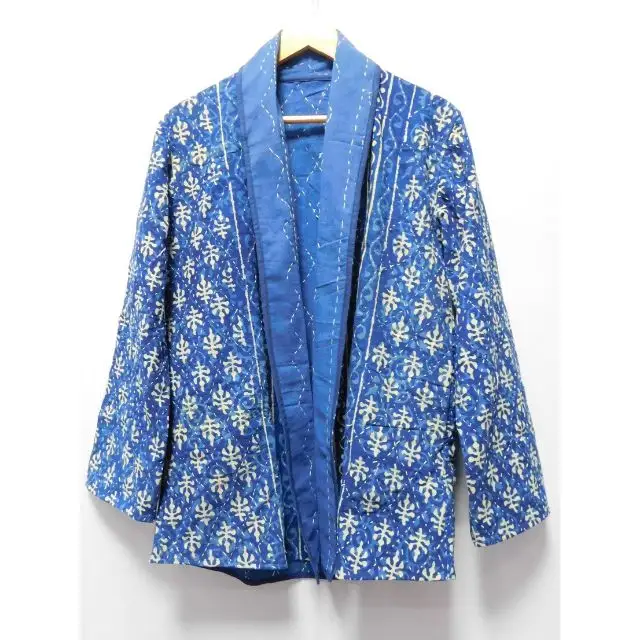 Blauw Indigo Bloemen Handgemaakte Gewatteerde Jas Puur Katoen Modieuze Plus Size Winter Jurk Vintage Boho Groothandel Gudri Blazers