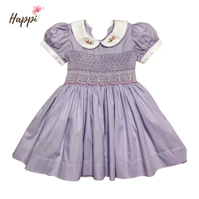 Wholesale Purple Cotton Satin Fabric Christmas Handmade Embroidered Smocked Kid Dress For Toddler Girls
