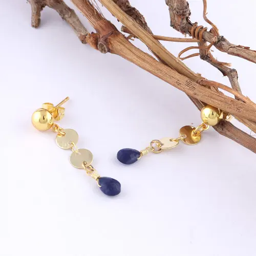Antique natural tanzanite tiny pear stone earring brass gold plated gemstone earring link chain drop dangle earrings