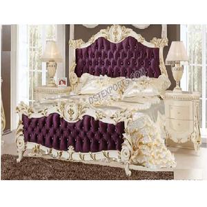 <b>White</b> & Gold Hand Carved Bed & <b>Nightstands</b> Stylish Hand Carved Bedroom Furniture Fancy Princess Size Bed With Side Stools Online - Product Image 1