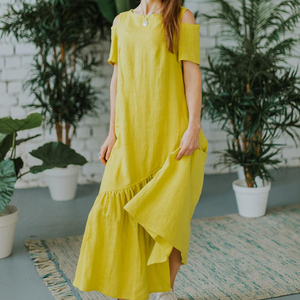 Último Modelo de Vestido Largo de Lino Negro para Mujer, Sin Mangas, con Lazo de Crepé, Formal, con Cuentas, Moderno, con Botones, Diseño Sólido y Natural - Product Image 4