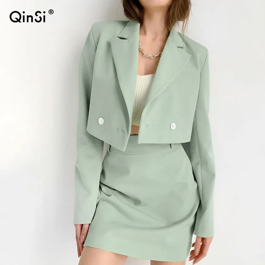 Bclout/QINSI Female Chic Sets Women 2022 Fashion 2 Buttons Cropped Blazer Side Split Mini Skirts Suits Elegant Skirt Suits