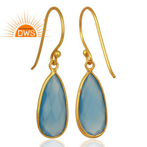 Boucles d'oreilles pendantes en argent sterling 925 plaqué or, calcédoine bleue, collection classique - Product Image 3